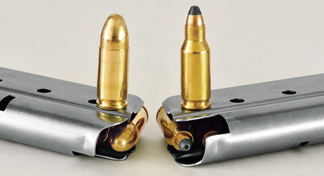 The 9mm (l.) and .22 TCM are close enough in diameter and length that they can both work in standard 9mm 1911 magazines.