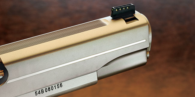 The top of the slide is serrated for a no-glare sight picture, and the fiber-optic front sight features an open top and holes on the side to get the maximum amount of light on the rod.