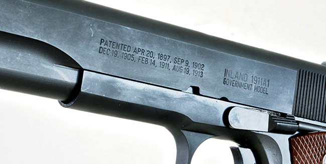 Original G.I. pistols were marked with the patent date, and true to its origins, the Inland gun features the same stamping.