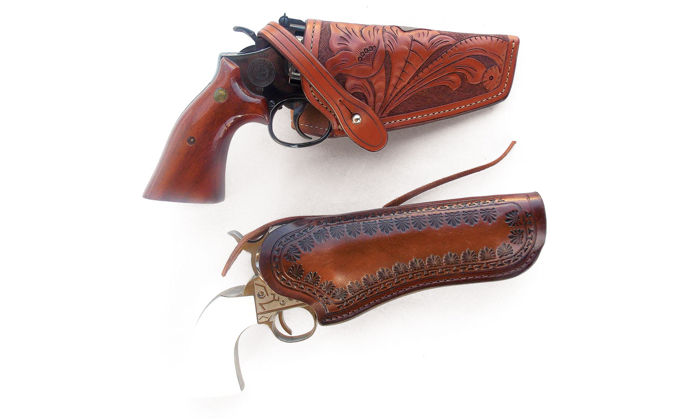 Holsters from Rocking K Saddlery (top) and Jeffrey Custom Leather are modern examples of the Threepersons design.