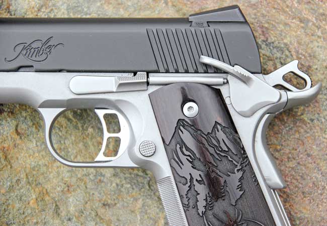 The Camp Guard 10 features a KimPro-finished stainless slide over a satin stainless frame and sports all the usual controls. The rear sight is the sturdy Tactical Wedge.