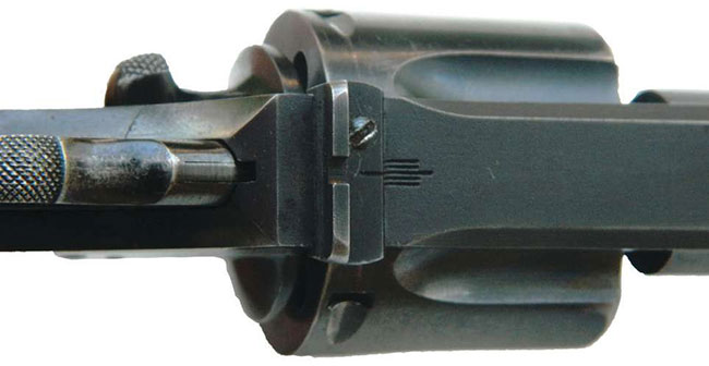 The Police Positive Target’s rear sight adjusts via a screw that allows the blade to move. Witness marks help keep track of sight position.