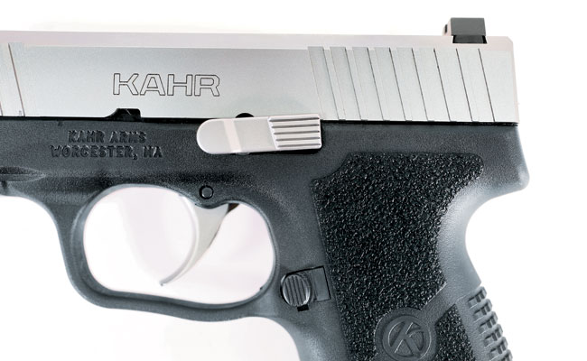  With its double-action pull, the Kahr has no need for a manual safety, so controls are composed of just a slide lock lever and a mag release.