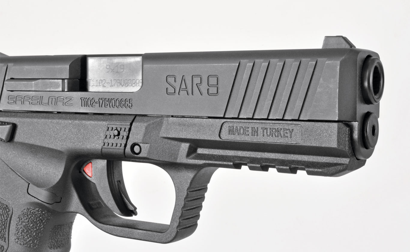A duty pistol, the SAR 9 sports an accessory rail and aggressive slide serrations on the front. The serrations and the rough black oxide finish make the slide easy to operate.